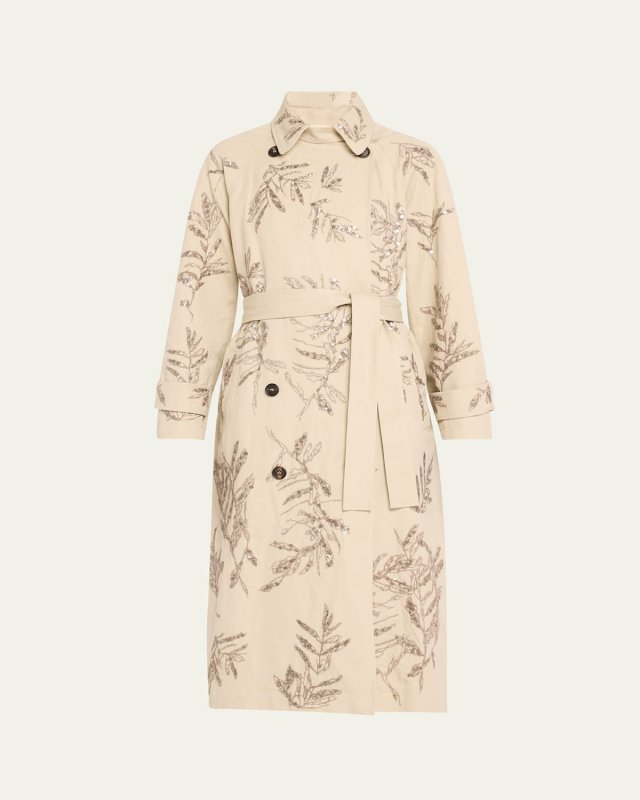 Herbarium Paillette Embroidered Belted Trench Coat